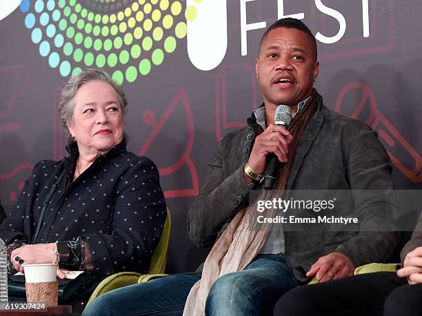 Actors Kathy Bates and Cuba Gooding Jr. Speak onstage during the "Ryan Murphy and Friends" panel at Entertainment Weekly's PopFest at The Reef on...