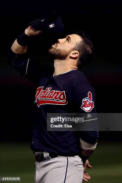 Jason Kipnis of the Cleveland Indians reacts during the national anthem before Game Five of the 2016 World Series against the Chicago Cubs at Wrigley...