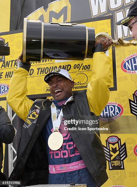 Antron Brown Don Schumacher Racing NHRA Top Fuel Dragster celebrates clinching the NHRA Top Fuel championship during the NHRA Toyota Nationals...