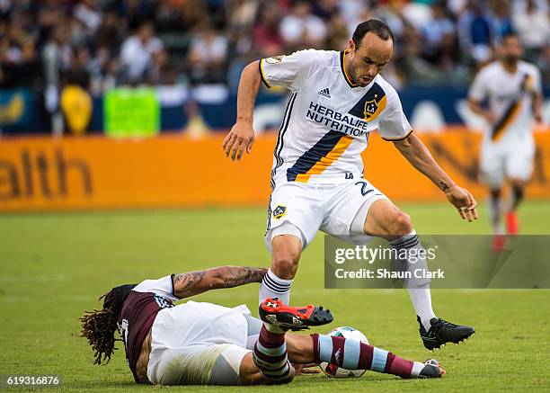 Jermaine Jones of Colorado Rapids strips the ball from Landon Donovan of Los Angeles Galaxy during Los Angeles Galaxy's MLS Playoff Semifinal match...