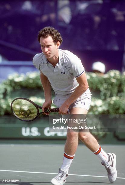 John McEnroe of the United States in action during a match in the Men's 1985 US Open Tennis Championships circa 1985 at the National Tennis Center in...