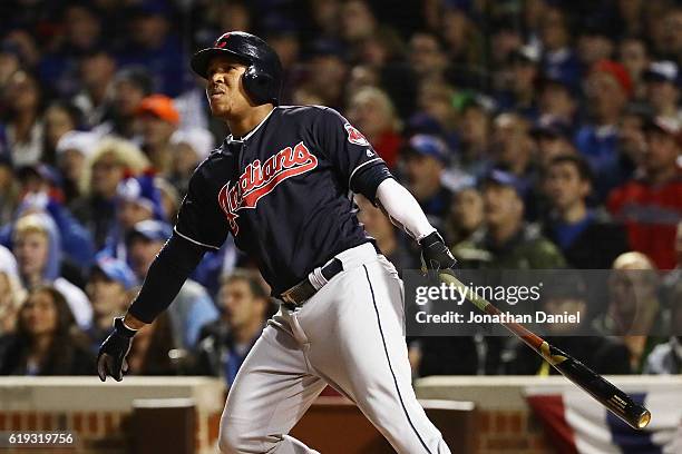 Jose Ramirez of the Cleveland Indians hits a home run in the second inning in Game Five of the 2016 World Series against the Chicago Cubs at Wrigley...