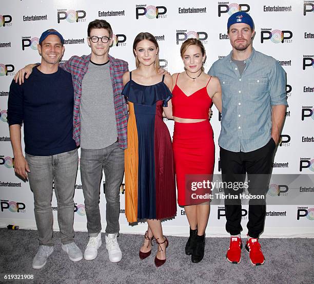 Greg Berlanti, Grant Gustin, Melissa Benoist, Caity Lotz and Stephen Amell attend Entertainment Weekly's Popfest at The Reef on October 29, 2016 in...