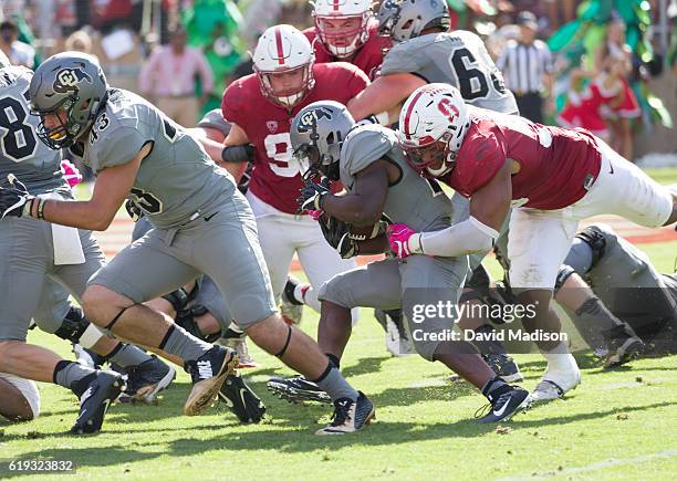 Solomon Thomas of the Stanford Cardinal tackles Kyle Evans of the Colorado Buffaloes during an NCAA Pac-12 football game played on October 22, 2016...