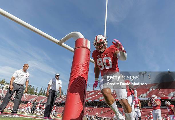 Solomon Thomas of the Stanford Cardinal warms up before an NCAA Pac-12 football game against the University of Colorado Buffaloes played on October...