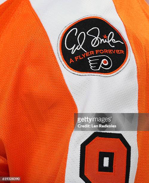 View of the patch for the later Owner Ed Snider worn on the jersey of the Philadelphia Flyers for this season during a game against the Arizona...