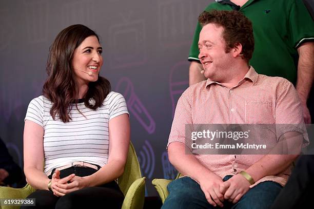 Actors D’Arcy Carden and Neil Casey speak onstage during the "Comedy Improv All-Stars Showcase" panel at Entertainment Weekly's PopFest at The Reef...