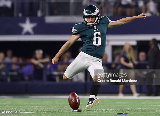 Caleb Sturgis of the Philadelphia Eagles kicks during a game between the Dallas Cowboys and the Philadelphia Eagles at AT&T Stadium on October 30,...