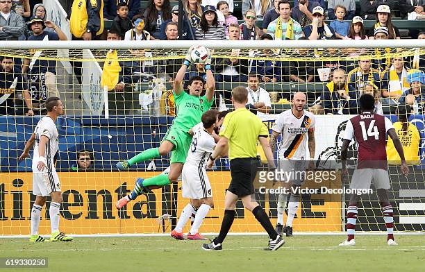 GoalkeeperBrian Rowe of Los Angeles Galaxy makes a save during the second half of leg one of the Audi 2016 MLS Cup Playoff Western Conference...