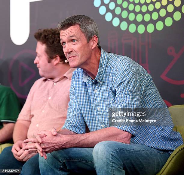 Actors Neil Casey and Neil Flynn speak onstage during the "Comedy Improv All-Stars Showcase" panel at Entertainment Weekly's PopFest at The Reef on...