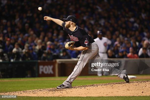 Cody Allen of the Cleveland Indians pitches in the seventh inning against the Chicago Cubs in Game Five of the 2016 World Series at Wrigley Field on...