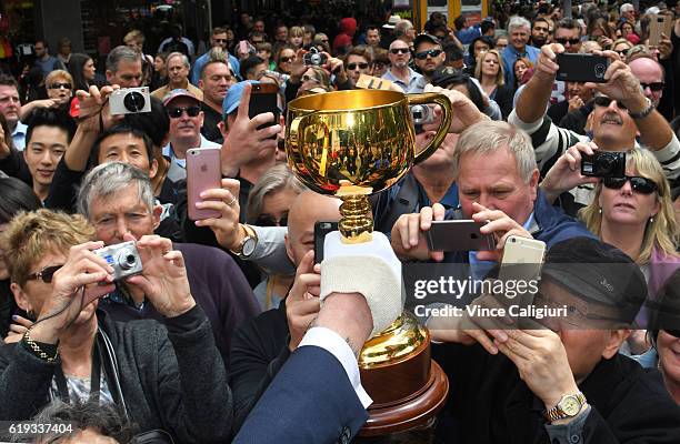 The Melbourne Cup is held into the crowd for fans to take pictures during the 2016 Melbourne Cup Parade on October 31, 2016 in Melbourne, Australia.