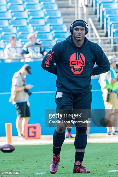 Quarterback Cam Newton of the Carolina Panthers during pre-game warmups during an NFL football game between the Arizona Cardinals and the Carolina...