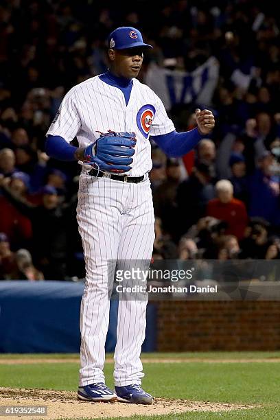 Aroldis Chapman of the Chicago Cubs celebrates after beating the Cleveland Indians 3-2 in Game Five of the 2016 World Series at Wrigley Field on...