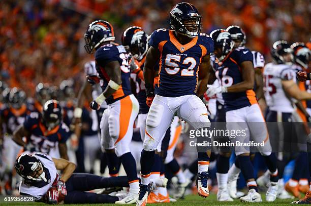 Outside linebacker Corey Nelson of the Denver Broncos celebrates a special teams play during a game against the Houston Texans at Sports Authority...