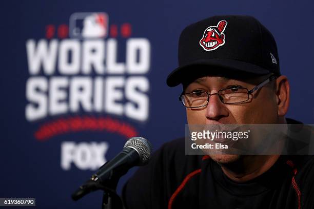 Manager Terry Francona of the Cleveland Indians speaks to the media after after the Chicago Cubs beat the Cleveland Indians 3-2 in Game Five of the...