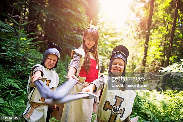 team of knights in forest - ridder stockfoto's en -beelden