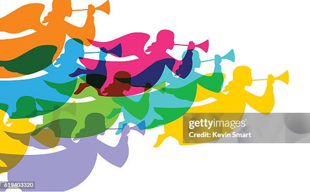stockillustraties, clipart, cartoons en iconen met christmas angels - blaasinstrument