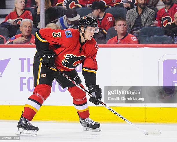 Jyrki Jokipakka of the Calgary Flames in action against the Ottawa Senators during an NHL game at Scotiabank Saddledome on October 28, 2016 in...