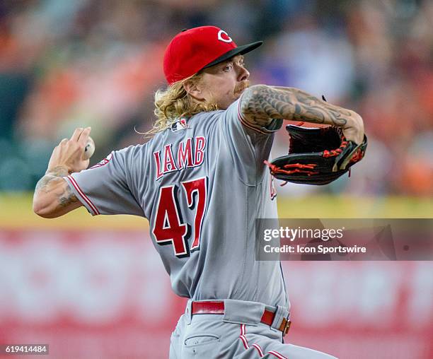 Cincinnati Reds starting pitcher John Lamb delivers the pitch against the Houston Astros during a MLB baseball game, Friday, June 17 in Houston....
