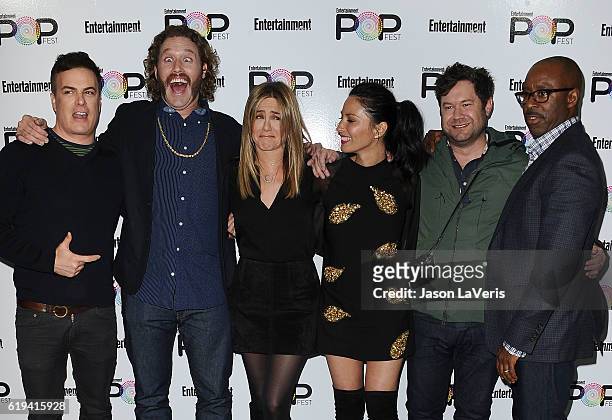 Will Speck, T.J. Miller, Jennifer Aniston, Olivia Munn, Josh Gordon and Courtney B. Vance attend Entertainment Weekly's Popfest at The Reef on...