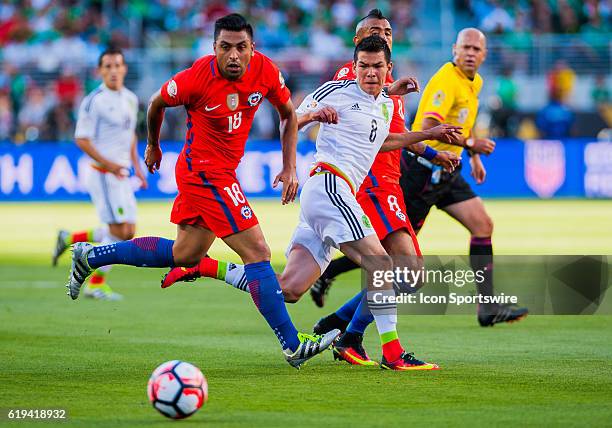 Chile Defender Gonzalo Jara guards Mexico midfielder Hirving Lozano during the Copa America Centerario Quarterfinal match between Mexico versus Chile...