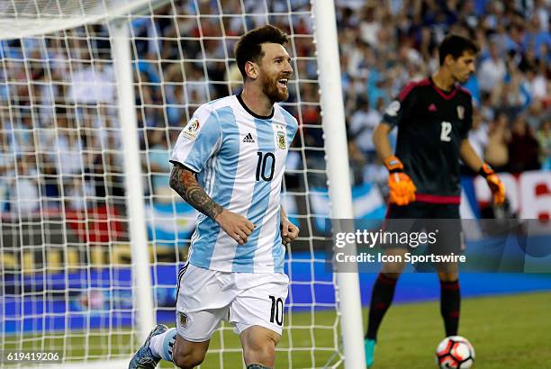 Argentina forward Lionel Messi celebrates his goal. Argentina defeated Venezuela 4-1 in the quarterfinal of the 2016 Copa America Centenario at...