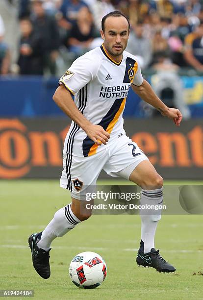 Landon Donovan of Los Angeles Galaxy paces the ball on the attack during the second half of leg one of the Audi 2016 MLS Cup Playoff Western...