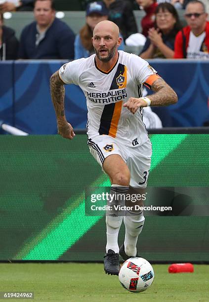 Jelle Van Damme of Los Angeles Galaxy looks to make a pass play during leg one of the Audi 2016 MLS Cup Playoff Western Conference Semfinal between...