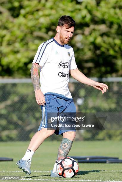 Argentina forward Lionel Messi warms up. Argentina practiced in advance of their quarterfinal match against Venezuela in the 2016 Copa America...