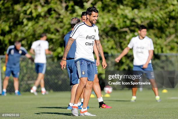 Argentina midfielder Augusto Fernandez warms up. Argentina practiced in advance of their quarterfinal match against Venezuela in the 2016 Copa...