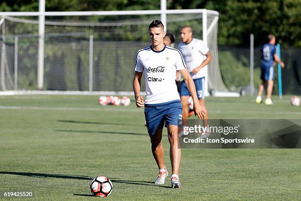 Argentina midfielder Erik Lamela eyes the ball. Argentina practiced in advance of their quarterfinal match against Venezuela in the 2016 Copa America...