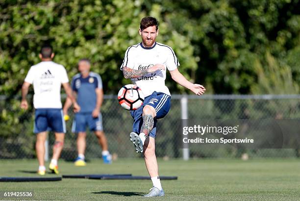 Argentina forward Lionel Messi watches his pass in warm up. Argentina practiced in advance of their quarterfinal match against Venezuela in the 2016...