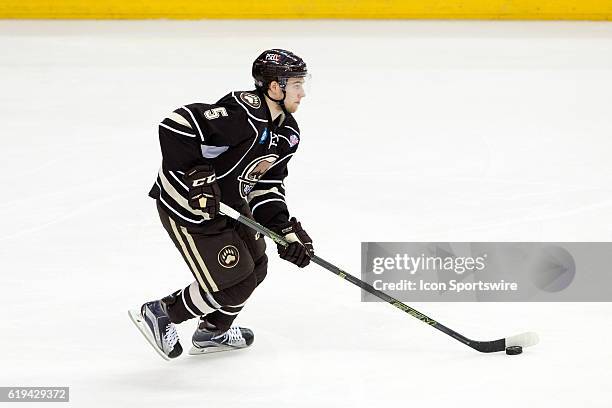 Hershey Bears D Christian Djoos with the puck during the third period of the 2016 Calder Cup Finals game 3 hockey game between the Hershey Bears and...