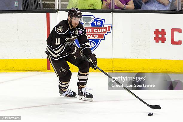 Hershey Bears C Zach Sill with the puck during the third period of the 2016 Calder Cup Finals game 3 hockey game between the Hershey Bears and Lake...