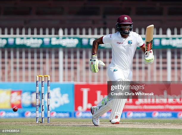 Kraigg Brathwaite of West Indies bats on day two of the third test between Pakistan and West Indies at Sharjah Cricket Stadium on October 31, 2016 in...