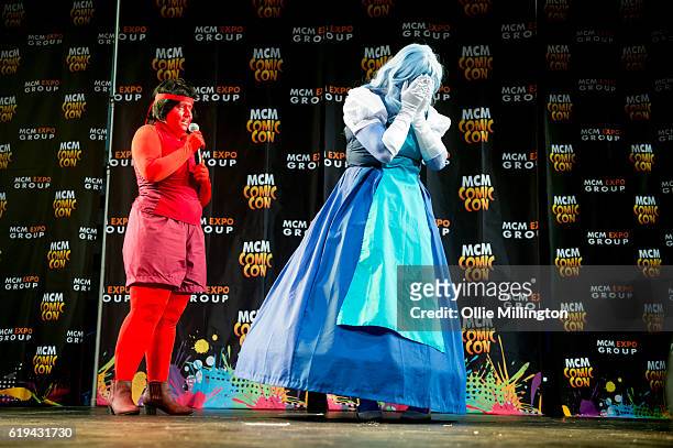 Cosplayer asking her partner to marry her onstage during the Cosplay Masquerades, she said yes, on day 4 of the MCM London Comic Con at ExCel on...