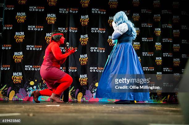 Cosplayer asking her partner to marry her onstage during the Cosplay Masquerades, she said yes, on day 4 of the MCM London Comic Con at ExCel on...