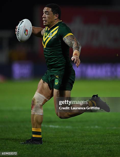 Tyson Frizell of Australia in action during the Four Nations match between the Australian Kangaroos and Scotland at KCOM Lightstream Stadium on...