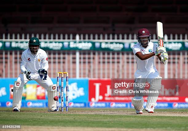 Kraigg Brathwaite of West Indies bats on day two of the third test between Pakistan and West Indies at Sharjah Cricket Stadium on October 31, 2016 in...