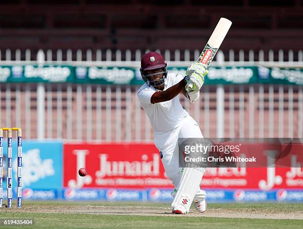 Kraigg Brathwaite of West Indies bats on day two of the third test between Pakistan and West Indies at Sharjah Cricket Stadium on October 31, 2016 in...