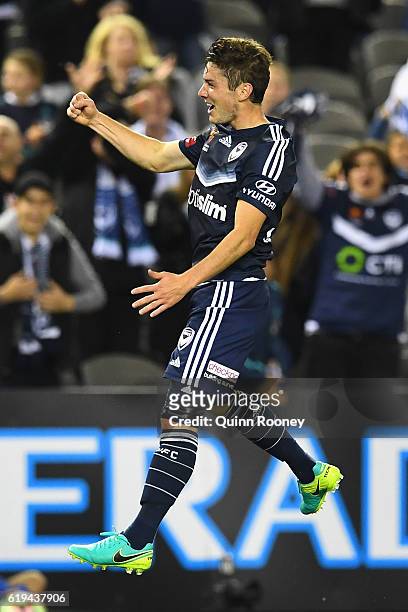 Marco Rojas of the Victory celebrates scoring a goal during the round four A-League match between the Melbourne Victory and Wellington Phoenix at...