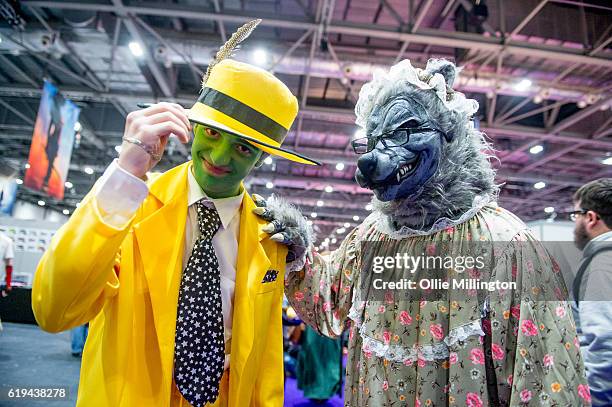 The Mask and big bad wolf grandma cosplay pair on day 3 of the MCM London Comic Con at ExCel on October 29, 2016 in London, England.