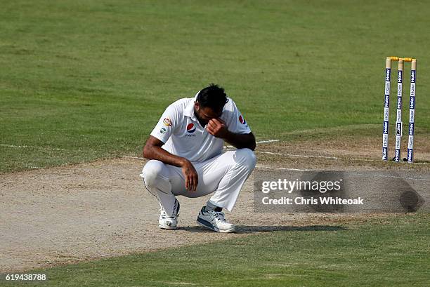 Wahab Riaz of Pakistan bowls on day two of the third test between Pakistan and West Indies at Sharjah Cricket Stadium on October 31, 2016 in Sharjah,...