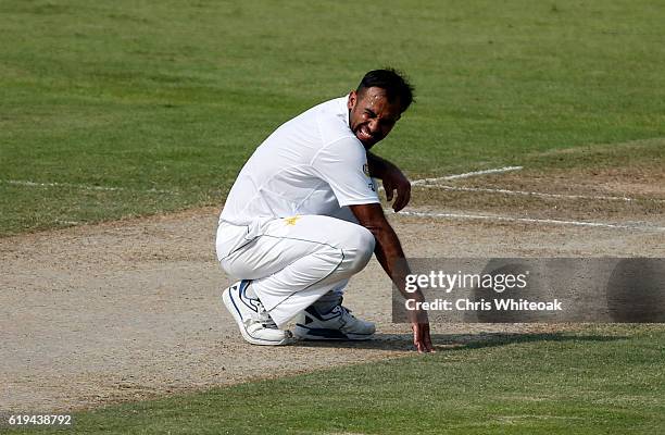 Wahab Riaz of Pakistan bowls on day two of the third test between Pakistan and West Indies at Sharjah Cricket Stadium on October 31, 2016 in Sharjah,...