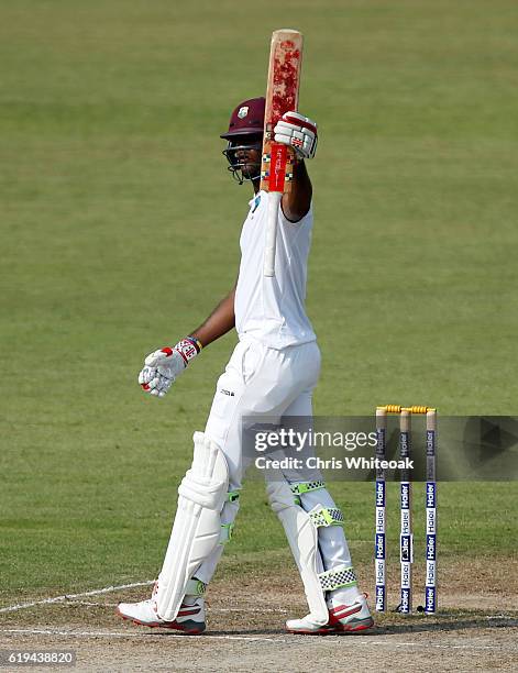 Kraigg Brathwaite of West Indies makes 50 on day two of the third test between Pakistan and West Indies at Sharjah Cricket Stadium on October 31,...