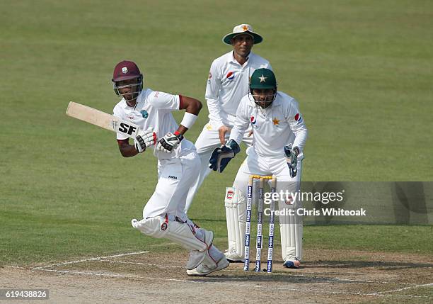 Roston Chase of West Indies bats on day two of the third test between Pakistan and West Indies at Sharjah Cricket Stadium on October 31, 2016 in...