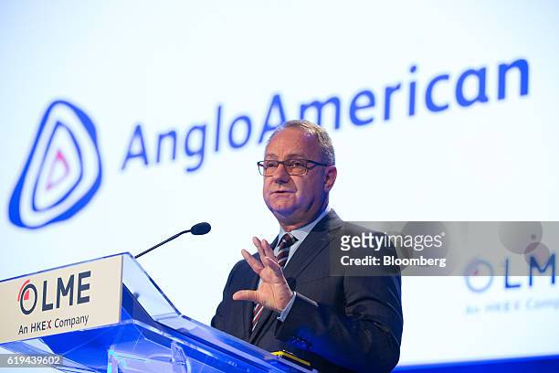 Mark Cutifani, chief executive officer of Anglo American Plc, gestures as he delivers a keynote speech at the LME Week Metals Seminar organized by...