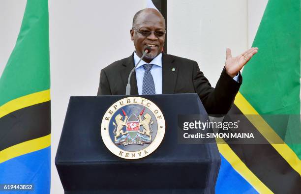 Tanzanian President John Pombe Magufuli speaks during a joint press conference with Kenyan President on October 31, 2016 at the State House in...