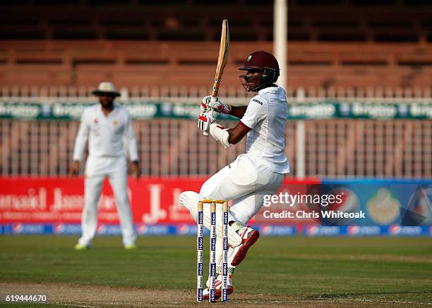 Kraigg Brathwaite of West Indies bats on day two of the third test between Pakistan and West Indies at Sharjah Cricket Stadium on October 31, 2016 in...